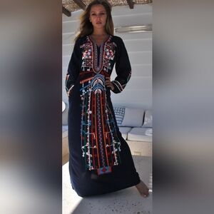 Siwa Black Embroidered Maxi Caftan Dress Robe Cover Up - Size S